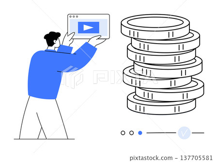 Online income, digital content, monetization, creative economy, video marketing, financial growth. Person holding video screen near stacked coins. Online income and digital content concepts 137705581