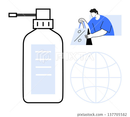 Hygiene, consumer habits, online shopping, global trade, safety measures, e-commerce. A spray bottle, globe and a person holding shopping bags. Hygiene and consumer habits Hygiene, consumer habits, online shopping, global trade, safety measures, e-commerce. A spray bottle, globe and a person holding shopping bags. Hygiene and consumer habits 137705582