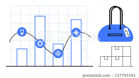Retail trends, seasonal sales, product distribution, logistics planning, e-commerce strategy, business growth. Graph showing seasonal patterns, bag with price tag and stacked boxes. Retail trends 137705591