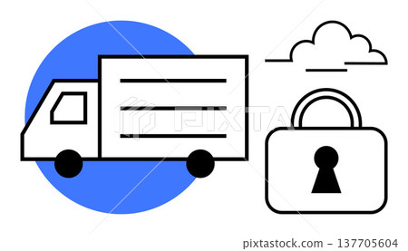 Data security, logistics, cloud services, transportation safety, cybersecurity, secure delivery. Truck silhouette, lock icon cloud illustration. Data security and logistics transportation concept 137705604