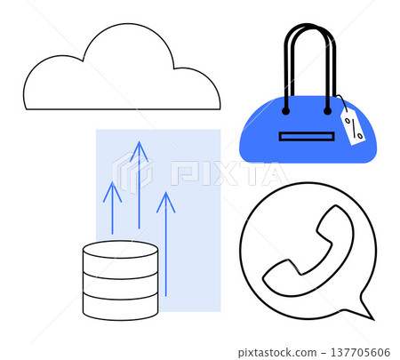 Technology services, digital communication, e-commerce, cloud storage, business growth, data sharing. Includes cloud icon, database phone in chat bubble bag with tag. Technology services 137705606