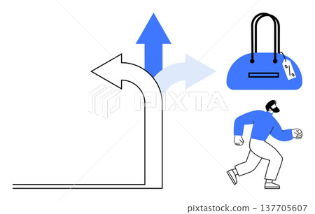Crime prevention, shoplifting awareness, choices, law enforcement, consumer behavior, retail security. A thief running with a handbag and directional arrows. Crime prevention and shoplifting Crime prevention, shoplifting awareness, choices, law enforcement, consumer behavior, retail security. A thief running with a handbag and directional arrows. Crime prevention and shoplifting 137705607