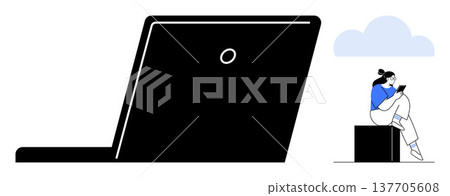 Remote work, digital communication, online learning, technology lifestyle, cloud computing, virtual interaction. Abstract laptop and a woman using a smartphone. Remote work and digital communication 137705608