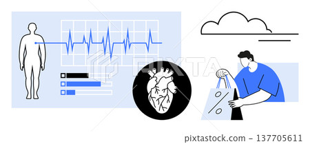 Healthcare, medical monitoring, lifestyle, data analytics, cardiovascular health, fitness tracking. A human figure, heart illustration graphs and a person shopping. Healthcare and medical Healthcare, medical monitoring, lifestyle, data analytics, cardiovascular health, fitness tracking. A human figure, heart illustration graphs and a person shopping. Healthcare and medical 137705611