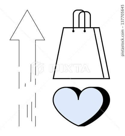 Growth, online shopping, consumer trends, sales, love, branding. Minimalist design of upward arrow, shopping bag and heart with blue accents. Growth and online shopping creatively Growth, online shopping, consumer trends, sales, love, branding. Minimalist design of upward arrow, shopping bag and heart with blue accents. Growth and online shopping creatively 137705645
