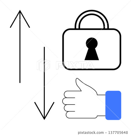 Cybersecurity, data protection, encryption, secure transfer, privacy controls, digital communication. A padlock, upward and downward arrows and a thumbs-up hand gesture. Cybersecurity and data 137705648