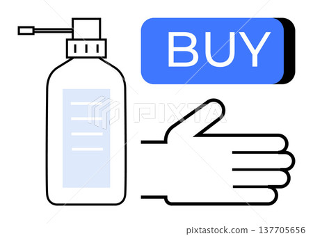 E-commerce, shopping, hygiene, online orders, sanitation, hand washing. Pump bottle and a hand with a prominent buy button. Hygiene and online shopping conceptual idea 137705656