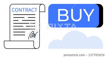 E-commerce, business agreements, legal transactions, online contracts, purchase processes, digital signatures. A contract document with a signature and a buy button over a cloud. E-commerce 137705659