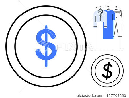 Financial planning, retail shopping, fashion pricing, clothing value, budgeting, marketing strategies. Large dollar sign and a clothing rack with garments. Financial planning and retail shopping 137705660