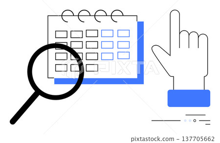 Scheduling, decision-making, time management, event planning, online booking, task organization. Magnifying glass near a calendar and a hand pointer icon. Scheduling and decision-making concepts 137705662