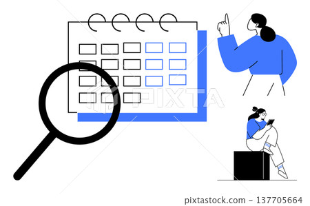 Time management, scheduling, remote work, planning, productivity, organization. Magnifying glass over a calendar, a woman gesturing another using a device. Time management and scheduling concept Time management, scheduling, remote work, planning, productivity, organization. Magnifying glass over a calendar, a woman gesturing another using a device. Time management and scheduling concept 137705664