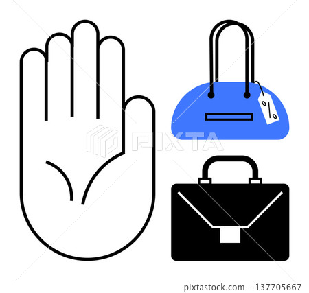 Consumer protection, product authentication, brand security, counterfeit detection, retail integrity, online shopping. Hand, handbag and briefcase icons. Consumer protection and product 137705667