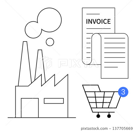 Business transactions, commerce, supply chain, finance management, e-commerce, procurement. Factory icon, invoice document shopping cart notification. Business transactions commerce concept Business transactions, commerce, supply chain, finance management, e-commerce, procurement. Factory icon, invoice document shopping cart notification. Business transactions commerce concept 137705669