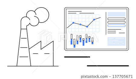 Environmental analysis, sustainable resources, industrial pollution, data visualization, emissions monitoring, energy management. Factory with smoke and analytics dashboard. Environmental analysis Environmental analysis, sustainable resources, industrial pollution, data visualization, emissions monitoring, energy management. Factory with smoke and analytics dashboard. Environmental analysis 137705671