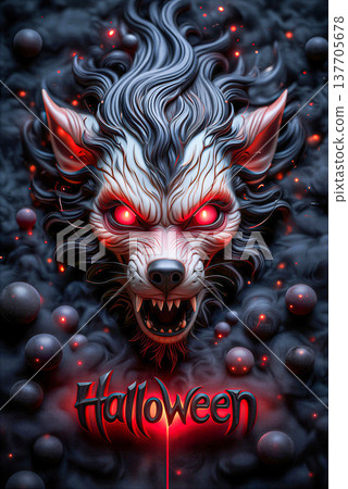 Spooky Halloween Wolf Head Illustration. 137705678