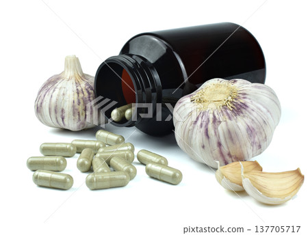 A dark brown bottle containing capsules, A dark brown bottle containing capsules, 137705717