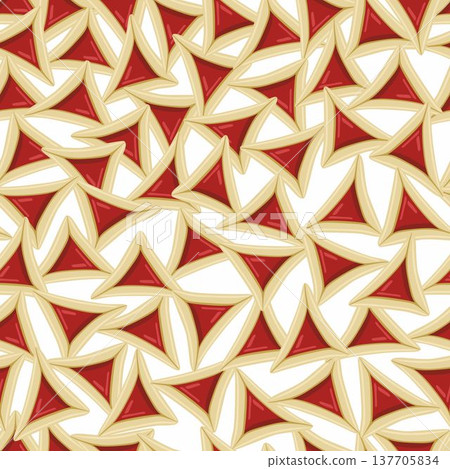 Hamantaschen print. Happy Purim Jewish Holiday seamless pattern. Traditional Jewish Purim eating. Oznei Haman, hamantaschen cookies background. Israel culture, sweets, delicious triangle cake. Hamantaschen print. Happy Purim Jewish Holiday seamless pattern. Traditional Jewish Purim eating. Oznei Haman, hamantaschen cookies background. Israel culture, sweets, delicious triangle cake. 137705834