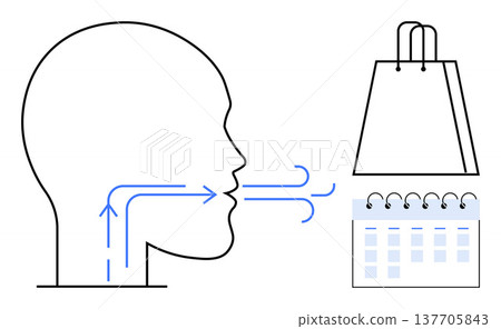 Health awareness, breathing, shopping, scheduling, time management, lifestyle balance. Outline of a human head with airflow arrows, a shopping bag and a calendar. Health awareness and time Health awareness, breathing, shopping, scheduling, time management, lifestyle balance. Outline of a human head with airflow arrows, a shopping bag and a calendar. Health awareness and time 137705843