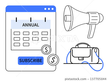 Subscription management, digital marketing, payment services, subscription plans, annual renewals, e-commerce. Calendar labeled Annual, megaphone money symbols and bag icon. Subscription Subscription management, digital marketing, payment services, subscription plans, annual renewals, e-commerce. Calendar labeled Annual, megaphone money symbols and bag icon. Subscription 137705844