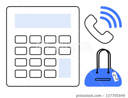E-commerce, retail business, online shopping, payment methods, telecommunication, financial management. A calculator, a phone with signal waves and a handbag with a price tag. E-commerce and retail 137705849