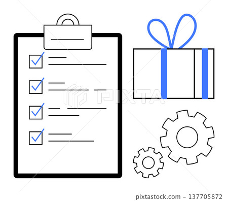 Productivity, planning, workflow, teamwork, goal setting, task organization. Visual of a checklist, present and gears. Task management and workflow concepts highlighted through symbols 137705872