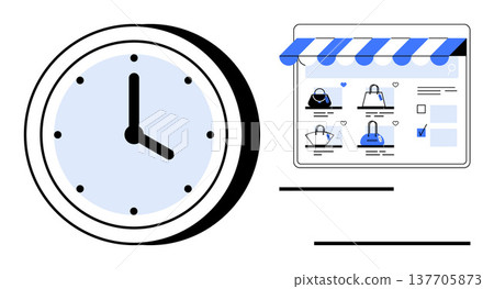 Time management, e-commerce efficiency, online shopping, business productivity, retail planning, consumer habits. A clock and e-commerce website interface. Time management and online shopping Time management, e-commerce efficiency, online shopping, business productivity, retail planning, consumer habits. A clock and e-commerce website interface. Time management and online shopping 137705873