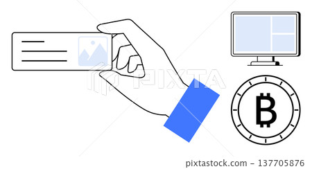 Digital identity, blockchain transactions, cryptocurrency, technology, personal identification, online security. Hand holds ID card, Bitcoin symbol and monitor are . Digital identity and blockchain 137705876