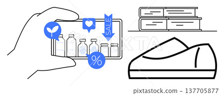 Online shopping, e-commerce, retail promotions, digital marketing, product browsing, modern commerce. A hand holding a digital device displaying retail items. Online shopping and e-commerce concept Online shopping, e-commerce, retail promotions, digital marketing, product browsing, modern commerce. A hand holding a digital device displaying retail items. Online shopping and e-commerce concept 137705877