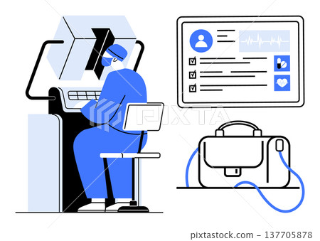 Telemedicine, remote care, medical technology, data management, healthcare solutions, online consultations. Person working at a desk with digital medical records. Telemedicine and remote care concept 137705878