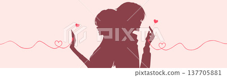 A man and a woman, back to back, bound together by the red thread of fate. Spring. Silhouette. A man and a woman, back to back, bound together by the red thread of fate. Spring. Silhouette. 137705881