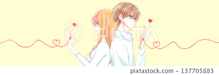 一男一女，背靠背，被命運的紅線緊緊相連。春天。 137705883