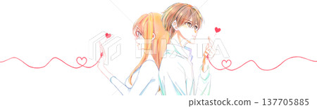 一男一女，背靠背，被命運的紅線緊緊相連。春天。 137705885