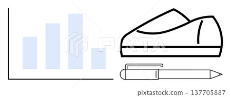 Business tools, data metrics, office supplies, creativity, productivity, fashion trends. Bar graph with shoe and pen illustration. Business tools and data metrics concept 137705887