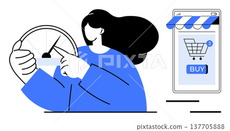 E-commerce, online shopping, time management, consumer behavior, efficiency, digital transactions. Woman holding a speedometer pointing to a mobile shopping cart. E-commerce and time management 137705888