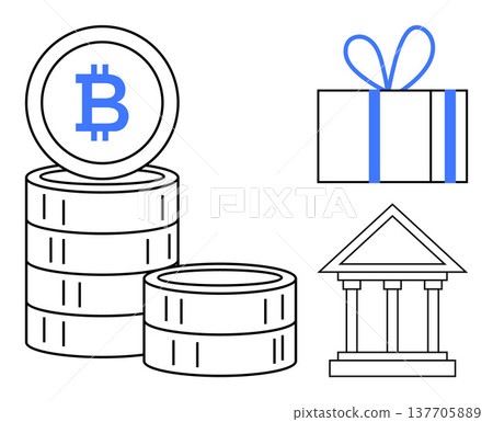 Cryptocurrency, blockchain technology, digital economy, financial transactions, online payments, investment strategy. Stacked coins with Bitcoin logo, gift box and a bank symbol. Cryptocurrency Cryptocurrency, blockchain technology, digital economy, financial transactions, online payments, investment strategy. Stacked coins with Bitcoin logo, gift box and a bank symbol. Cryptocurrency 137705889