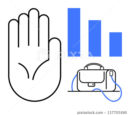 Business management, analytics, decision-making, progress tracking, workforce management, economic analysis. Hand symbol, graphs briefcase. Business management and analytics 137705890