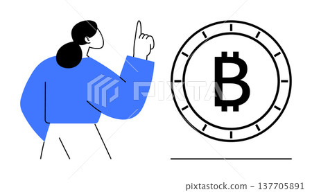 Cryptocurrency, blockchain technology, financial innovation, investment strategy, digital banking, payment systems. A person pointing at a Bitcoin icon. Cryptocurrency and blockchain technology 137705891