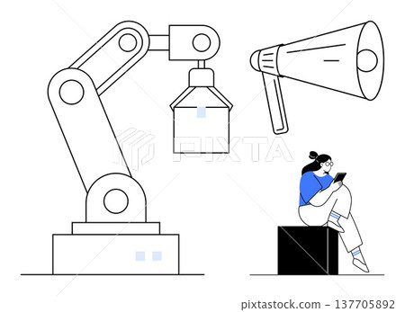 Automation processes, marketing strategies, digital interaction, technological innovation, robotics, online communication. Robotic arm, megaphone person on a device. Automation processes Automation processes, marketing strategies, digital interaction, technological innovation, robotics, online communication. Robotic arm, megaphone person on a device. Automation processes 137705892