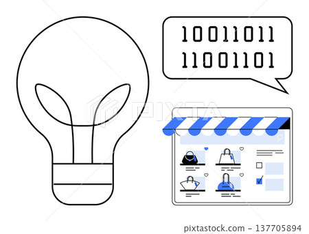 Technology, innovation, e-commerce, online business, coding education, sustainable design. Light bulb alongside binary code and a digital storefront layout. E-commerce and innovation concept Technology, innovation, e-commerce, online business, coding education, sustainable design. Light bulb alongside binary code and a digital storefront layout. E-commerce and innovation concept 137705894