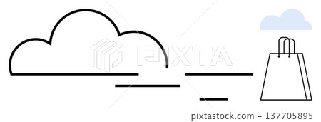 E-commerce, digital transactions, cloud storage, online shopping, sustainability, technological advancements. A large cloud and a minimal shopping bag on a streamlined design. E-commerce and digital 137705895