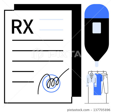 Healthcare, medical technology, digital documentation, telemedicine, prescriptions, digital workflows. Prescription paper with signature, stylized digital pen and medical attire. Healthcare 137705896