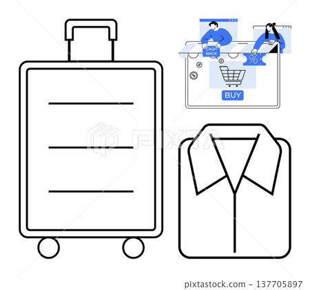 E-commerce, travel planning, shopping, deals, online fashion, consumer goods. ion of luggage, shirt icon e-commerce cart cashback visuals. E-commerce and travel planning 137705897