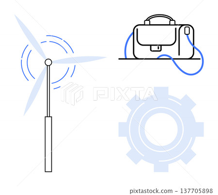 Renewable energy, sustainability, business solutions, innovation, clean technology, corporate strategy. Minimal wind turbine, gear shape and briefcase. Renewable energy and sustainability visual 137705898