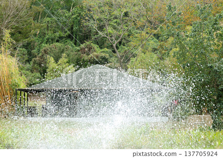 fountain in the city park in the rain fountain in the city park in the rain 137705924