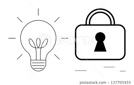 Data protection, intellectual property, creativity, security strategy, cybersecurity, ideas. A light bulb and padlock icons in minimal black and white. Creativity and data protection concept Data protection, intellectual property, creativity, security strategy, cybersecurity, ideas. A light bulb and padlock icons in minimal black and white. Creativity and data protection concept 137705935