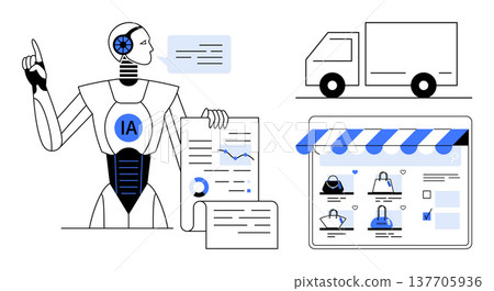 E-commerce, logistics, data automation, tech innovation, AI support, futuristic services. A robot interacts with data, a delivery truck and an online storefront. E-commerce and logistics concepts E-commerce, logistics, data automation, tech innovation, AI support, futuristic services. A robot interacts with data, a delivery truck and an online storefront. E-commerce and logistics concepts 137705936