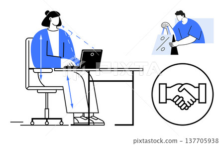 Digital economy, remote work, e-commerce, team collaboration, online transactions, workplace productivity. Woman working at a desk, shopper with bags handshake symbol. Remote work and e-commerce Digital economy, remote work, e-commerce, team collaboration, online transactions, workplace productivity. Woman working at a desk, shopper with bags handshake symbol. Remote work and e-commerce 137705938