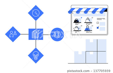 Ecommerce, supply chain, business processes, logistics, workflow management, consumer shopping. Connected icons for process flow and digital products with an online storefront illustration. Ecommerce Ecommerce, supply chain, business processes, logistics, workflow management, consumer shopping. Connected icons for process flow and digital products with an online storefront illustration. Ecommerce 137705939