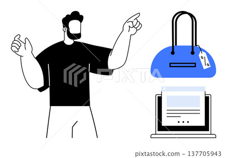 Online shopping, digital commerce, product marketing, retail technology, customer engagement, sales trends. Man pointing towards a shopping bag and a web interface. Online shopping and digital Online shopping, digital commerce, product marketing, retail technology, customer engagement, sales trends. Man pointing towards a shopping bag and a web interface. Online shopping and digital 137705943