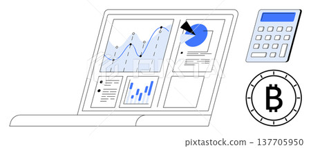 Financial technology, cryptocurrency, data analysis, investment planning, digital payment, blockchain economy. Laptop with charts, calculator Bitcoin symbol. Financial technology and cryptocurrency 137705950